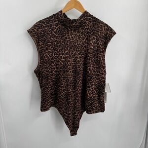 NEW Good American Power Bodysuit Womens 5X Leopard Mock Print Mock Neck Stretch